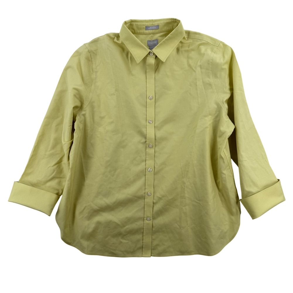 Chicos No-Iron Stretch Shirt Womens 3 XL Yellow Solid Button Front 3/4 Sleeve
